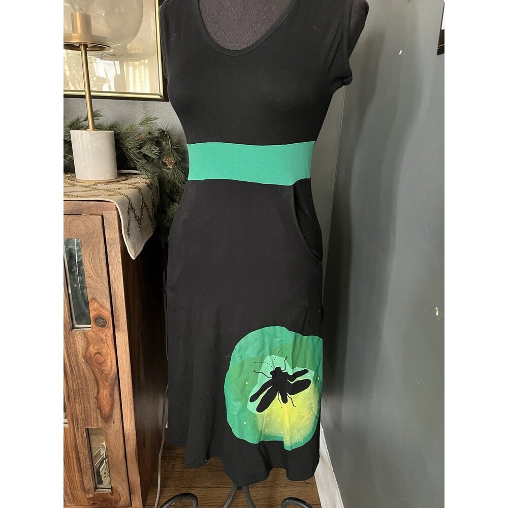 Svaha USA Women’s Black & Green Firefly Print Dress With Pockets Sz 0 Tank Style